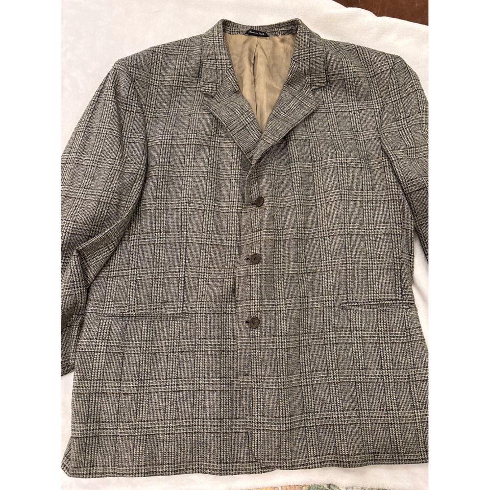 Vito Rufolo Italy Silk Wool Glen Plaid Blazer Sport Coat Tan Blue Men 52R XL/XXL